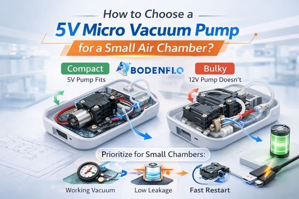 5V micro vacuum pump selection cover infographic, compact 5V pump vs bulky 12V pump comparison for small air chamber device design