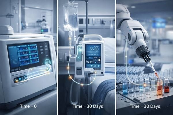 A collage of images showing a gas analyzer, an IV drip machine, and a lab automation robot, all of which depend on precise fluidic control from micro pumps.