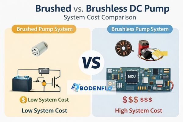 An infographic comparing a simple brushed pump system with a more complex brushless pump system, highlighting the difference in electronic components and cost.