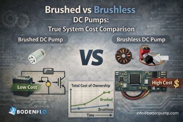 Brushed vs brushless DC pump system cost comparison showing electronics complexity and total cost of ownership