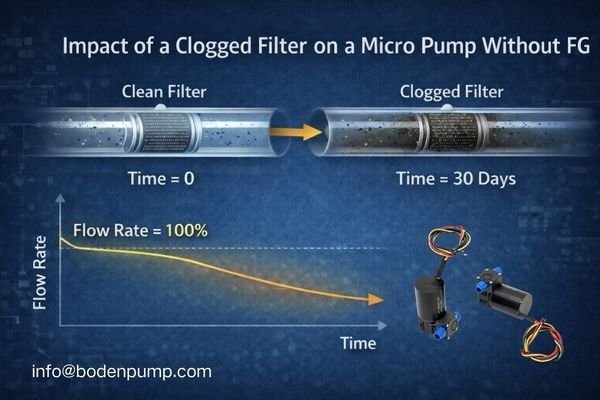 An image showing a clogged filter in a tube. An arrow points from the filter to a micro pump, with a graph showing its flow rate slowly declining over time.