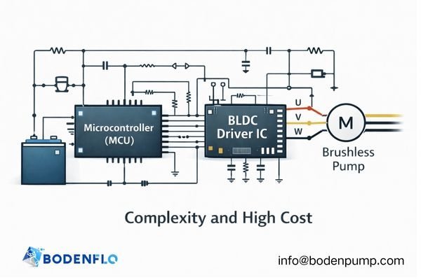 A more complex circuit diagram showing a microcontroller, a dedicated BLDC driver IC, and a three-wire brushless pump, highlighting its complexity.