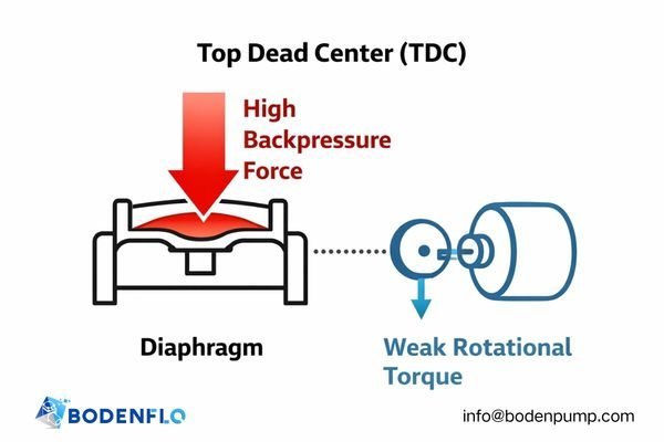 A diagram showing a diaphragm pump at Top Dead Center (TDC) with a large red arrow representing pressure pushing down on the diaphragm, and a small arrow showing the motor's weak rotational force at that point.