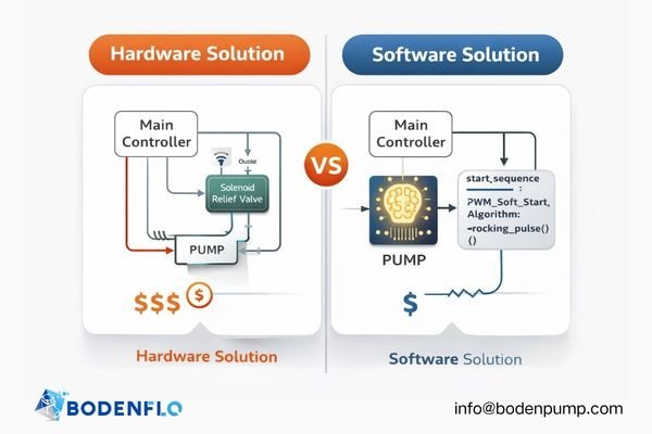 A system diagram comparing two solutions: one circuit has an added solenoid valve, while the other circuit points to the main controller with a code snippet labeled