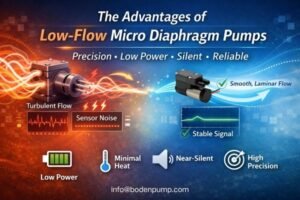 Low-flow micro diaphragm pump infographic showing turbulent vs laminar flow and stable sensor signal benefits