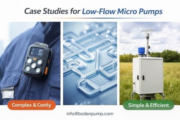 A collage showing three applications: a person wearing a small gas detector badge, a close-up of a lab-on-a-chip device, and an environmental sampling station in a field.