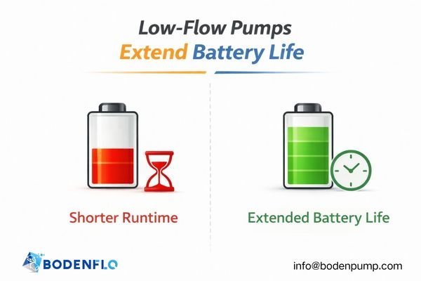 A battery icon with a long life bar next to a small, low-flow pump, contrasted with a battery icon with a short life bar next to a larger pump.