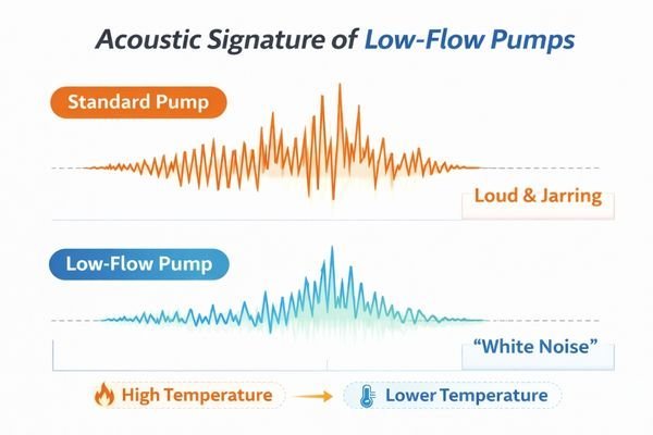 A sound wave graph showing a sharp, high-frequency spike for a large pump, versus a low, gentle wave labeled 