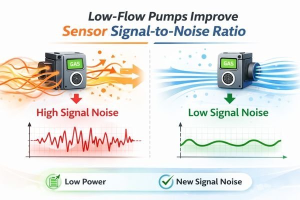 An infographic showing a gas sensor. One side shows turbulent flow causing a noisy data graph. The other side shows laminar flow from a low-flow pump resulting in a clean, stable data graph.