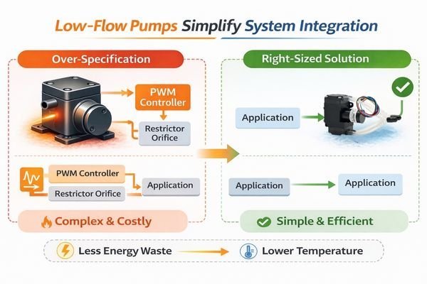 A diagram showing a large, over-specified pump requiring an extra orifice and PWM controller, compared to a small BODENFLO low-flow pump that connects directly to the system.