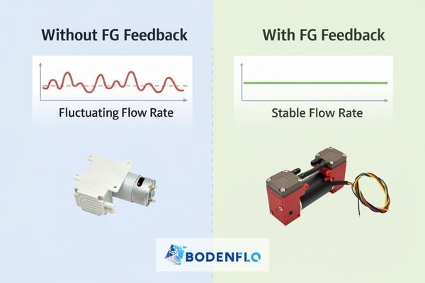 An infographic showing two micro pumps side-by-side. One pump without FG has a fluctuating flow rate graph. The other micro pump with an FG signal has a perfectly stable, flat-line flow rate graph.