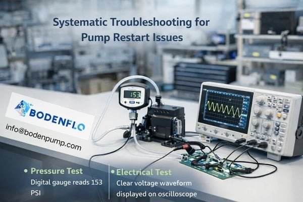 An engineer at a workbench with an oscilloscope, a pressure gauge, and a pump, methodically testing a system.