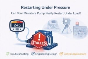 Miniature pump stalled under residual backpressure with pressure gauge showing high load restart condition