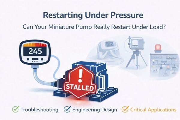 Miniature pump stalled under residual backpressure with pressure gauge showing high load restart condition