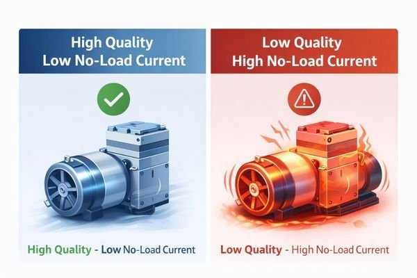 An infographic comparing a smoothly running pump with a low no-load current to a struggling, hot pump with a high no-load current.