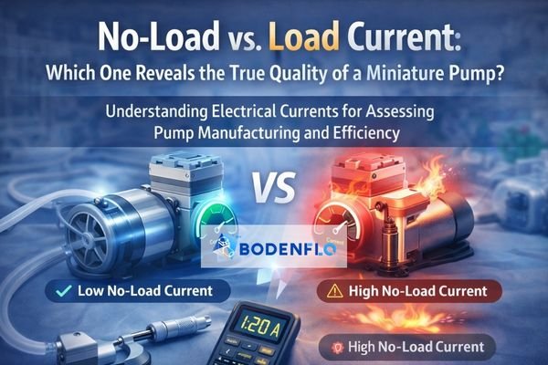No-load current vs load current comparison infographic showing miniature pump quality, efficiency, and overheating risk