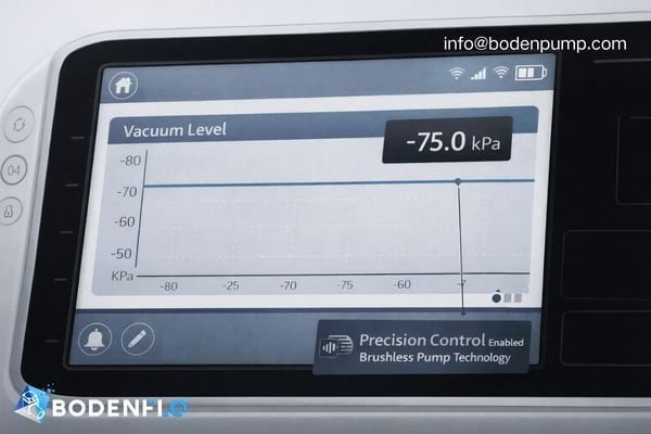 A user interface on a medical device showing a precise vacuum level being held steady, with an arrow pointing to the brushless pump enabling this feature.