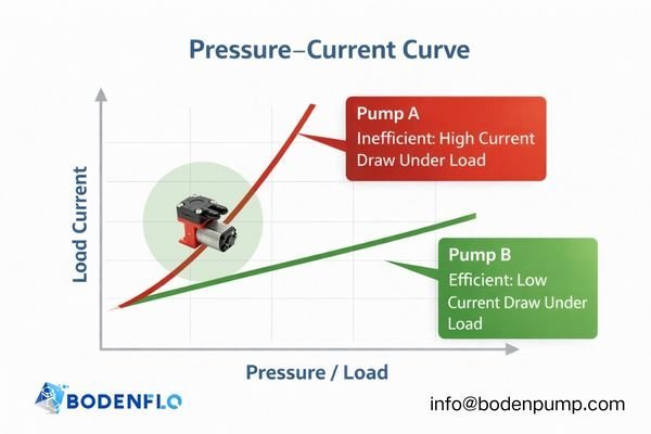 A graph showing a Pressure-Current Curve for two pumps. Pump A has a steep slope (less efficient). Pump B has a shallow slope (more efficient), indicating it draws less current for the same pressure increase.