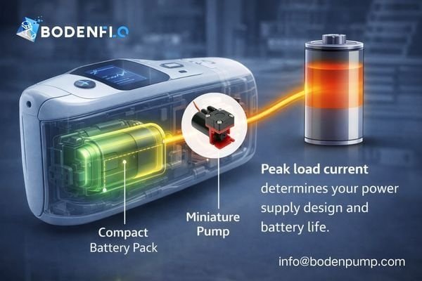 An image of a compact, battery-powered medical device, with callouts pointing to the battery and the miniature pump, highlighting the power relationship.