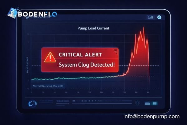 A dashboard UI showing a graph of the pump's load current. The current suddenly spikes, and a 