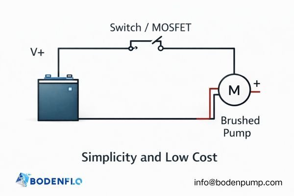 A simple circuit diagram showing a power source, a switch, and a two-wire brushed DC pump, illustrating its electronic simplicity.