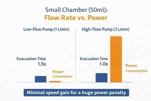 A graph comparing two pumps in a 50ml chamber. The 1 L/min pump reaches the target vacuum in 1.5 seconds, while the 3 L/min pump does it in 1 second, but its power consumption bar is three times as high.