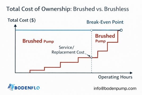 A graph showing the Total Cost of Ownership over time, with the brushed pump line starting low but rising sharply due to replacement costs, while the brushless pump line starts high but stays flat.