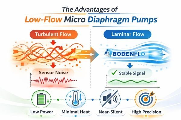 A diagram comparing a turbulent, pulsating flow from a large pump to a smooth, laminar flow from a small, low-flow pump.