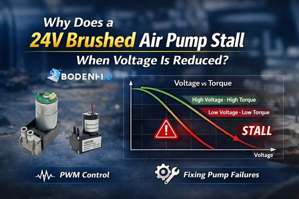 24V brushed air pump stall caused by voltage reduction illustrated with torque vs voltage curve and PWM control concept