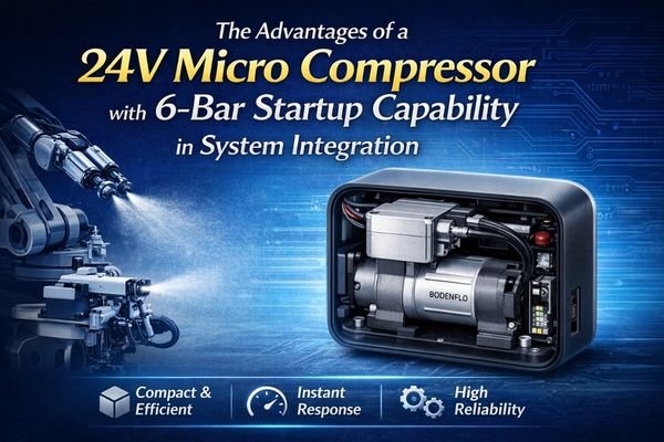 24V micro compressor with 6-bar startup capability integrated in a compact pneumatic system for industrial automation and robotics equipment