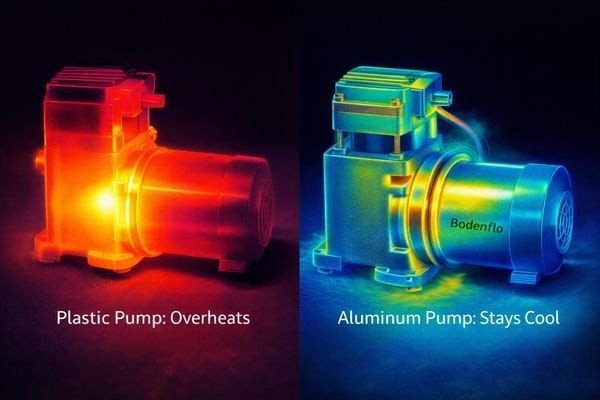 A thermal camera image comparing a hot plastic pump head to a cooler, efficiently dissipating all-aluminum pump like the BD-08A-S.