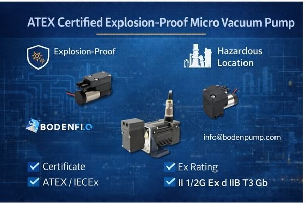 An image of a certified explosion-proof micro vacuum pump with ATEX/IECEx markings clearly visible on its label in a refinery setting.