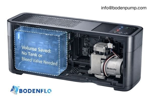 A cutaway view of a compact device showing the BODENFLO BD-08A-S pump fitting neatly inside, with highlighted empty space where a tank and valves would have been.
