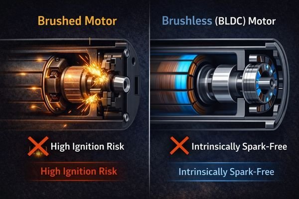 An animation comparing a sparking brushed motor next to a clean, non-sparking brushless motor in operation.