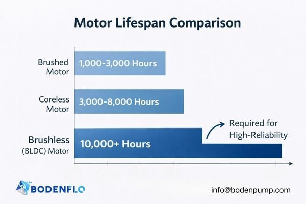 A chart comparing the lifespan and relative cost of standard brushed motors versus high-reliability brushless micro pump motors.