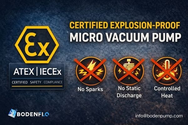 An image of a certified explosion-proof micro vacuum pump, possibly with ATEX/IECEx markings clearly visible.