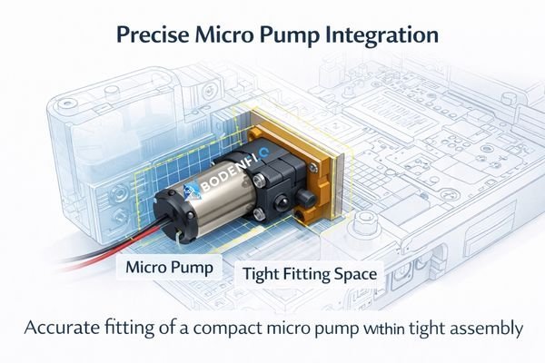 A 3D CAD model showing a micro pump being perfectly fitted into a tight, complex mechanical assembly during the integration phase.