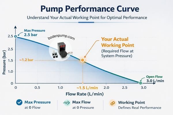 A pressure-flow curve graph for a DC diaphragm pump, with a dot highlighting the 'Actual Working Point' away from the max flow and max pressure extremes.
