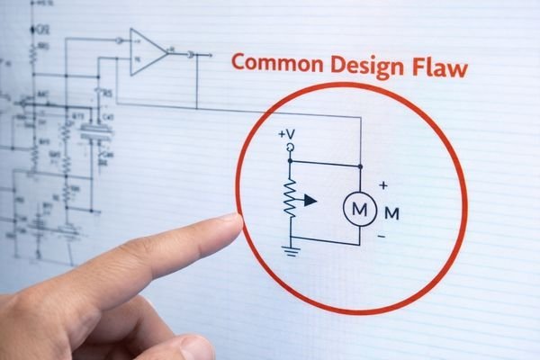 An engineer pointing to a simple voltage regulator on a schematic, representing a design flaw