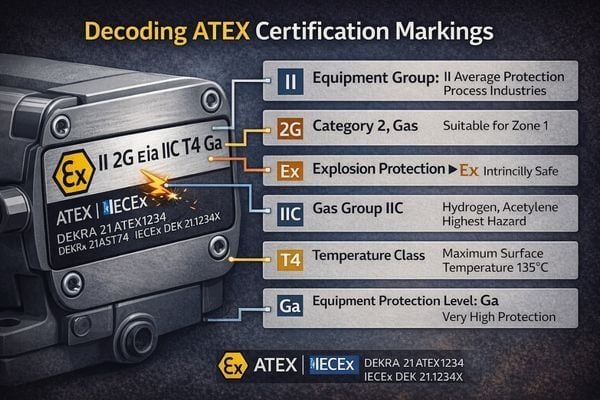 A close-up of a pump's label showing its ATEX/IECEx certification string, with callouts explaining each part of the code.