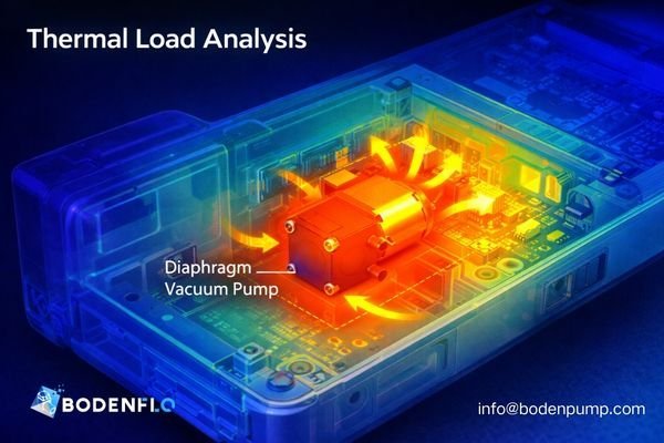 A thermal camera image of a machine, showing a bright orange/yellow hotspot where the diaphragm vacuum pump is located inside the casing.