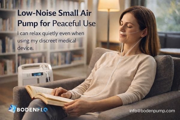 A person calmly using a medical device in a quiet library setting, highlighting the device's low noise output from its small air pump.
