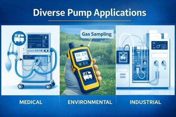 An infographic showing pump applications in different sectors: a medical ventilator, an environmental gas detector, and a lab instrument.