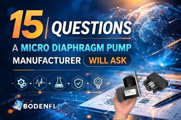 Cover image for an article about 15 questions a micro diaphragm pump manufacturer will ask, featuring blue engineering graphics, bold headline text, and OEM pump project visual style