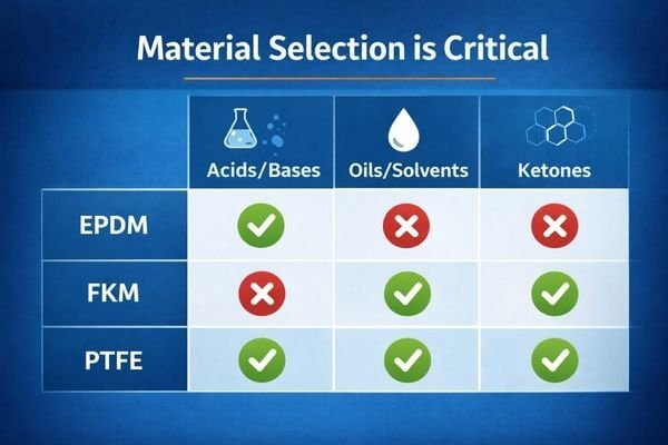 A chart showing checkmarks and X's for EPDM, FKM, and PTFE against different chemical classes like acids, oils, and ketones.