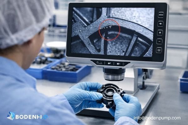 An image displaying a technician using an electronic magnifier to inspect a small pump component. The screen shows a highly magnified view.