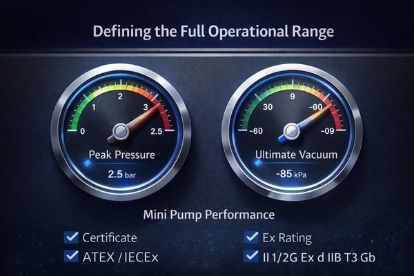 An instrument panel with two gauges, one showing a high positive pressure reading and the other showing a deep vacuum reading, labeled 'Mini Pump Performance'.