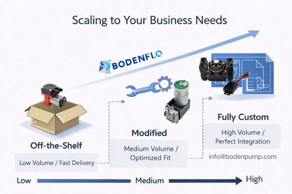 A three-tiered diagram showing: 1) Off-the-shelf, 2) Modified, 3) Fully Custom OEM pump solutions, with associated volume/cost levels.