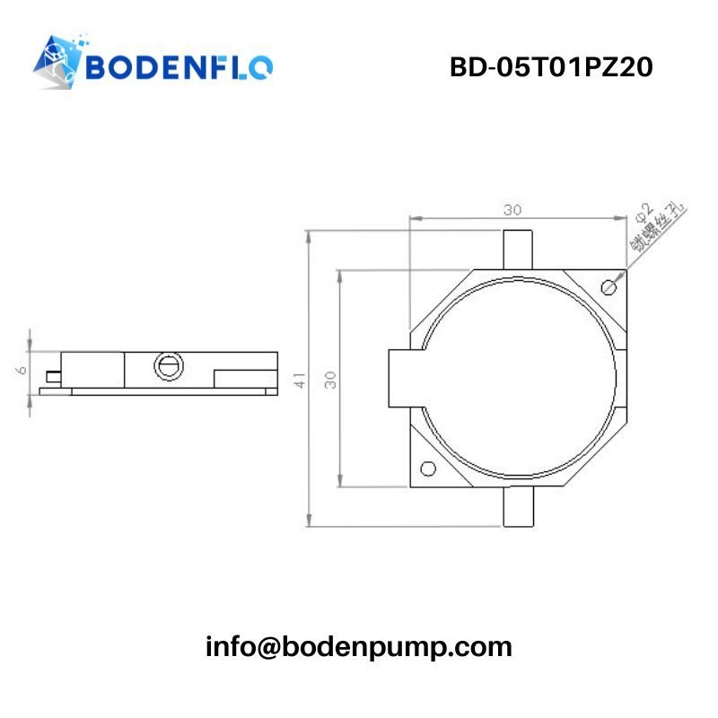 Piezo micro pump technical drawing showing dimensions for OEM BD-05T01PZ20