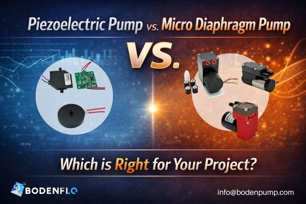Piezoelectric pump vs micro diaphragm pump comparison cover with blue and orange background and VS concept for OEM pump selection